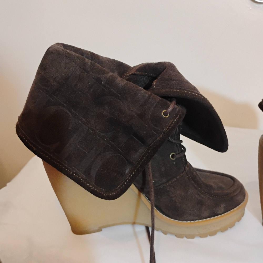 Authentic Carolina Herrera brown Fold Luxury Over Monogram boots slze 38